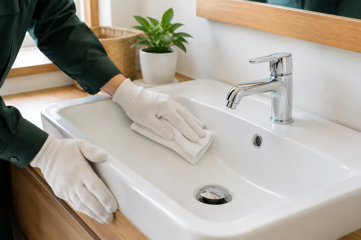 住宅の水回りを丁寧に清掃する手元（AI生成イメージ）