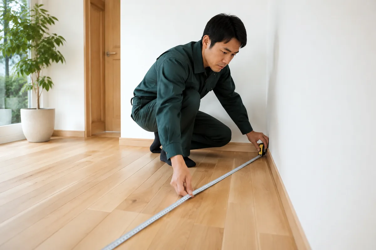 明るい住宅の内装を採寸・確認する風景（AI生成イメージ）