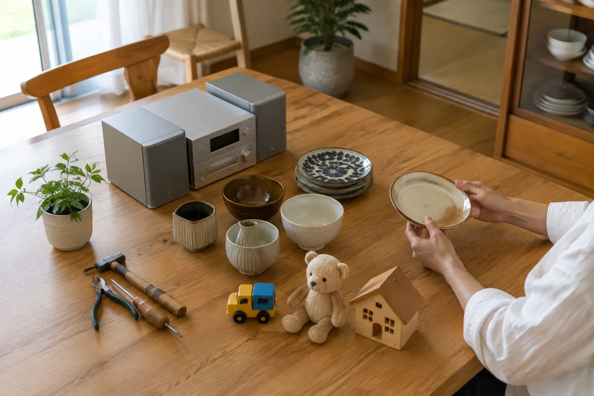 再利用や査定の確認に向けて並べた食器・小型家電・工具（AI生成イメージ）